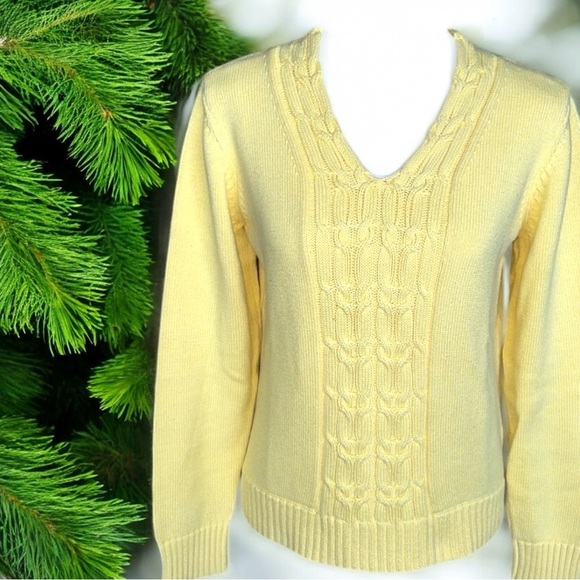Orvis Butter Yellow Cable Knit Cotton Sweater Vintage Preppy Layering V-Neck SM - Picture 4 of 12
